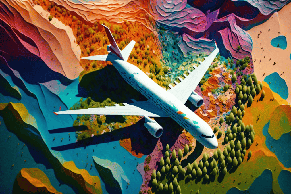 airplane flying over diverse land of nature