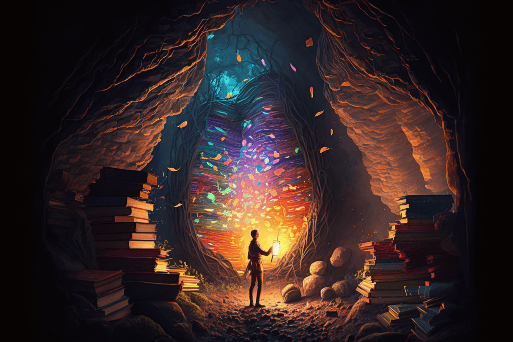 boy exploring a dark magical cave with books