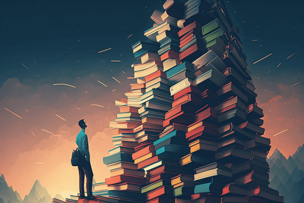 business man looking at giant stack of books