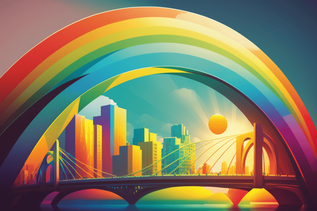 city scape with colorful rainbow