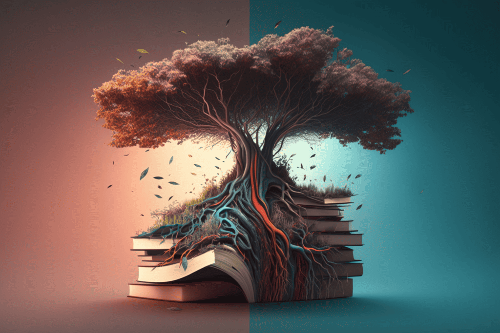 grand old tree with a foundation of books