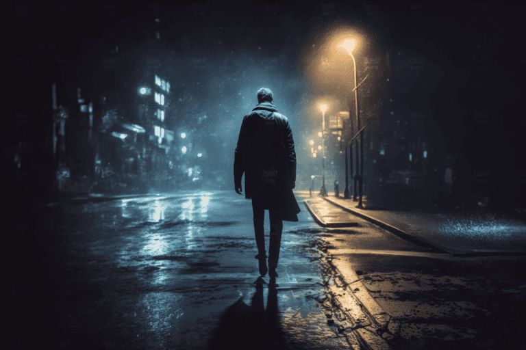 lone-man-walking-down-dark-road-at-night