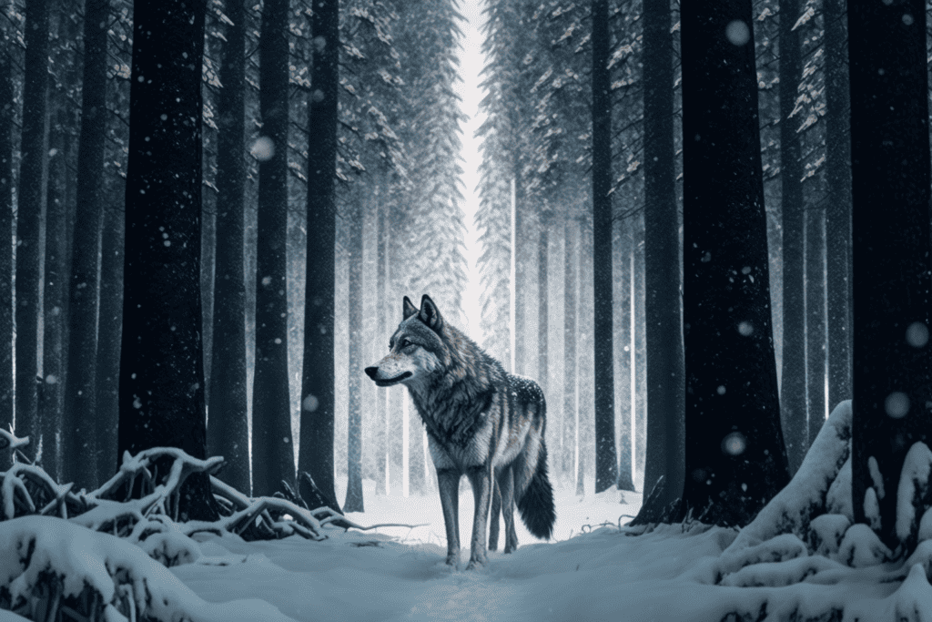 lone wolf in snowy forest