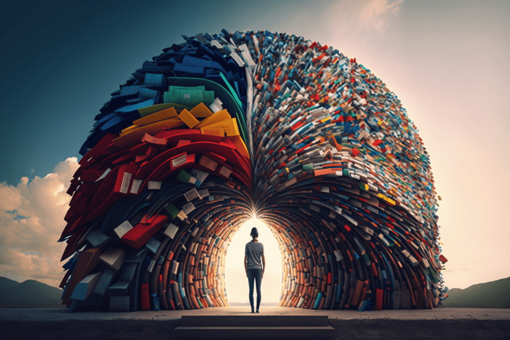 person entering a giant brain made of books