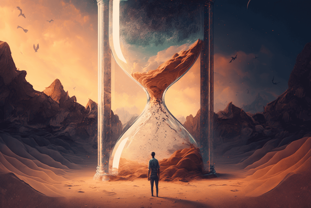 person looking at massive hourglass in desert