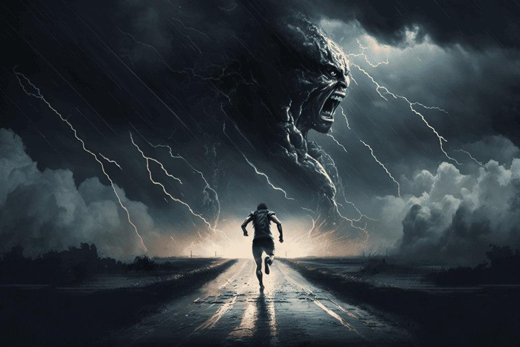 person running towards storm