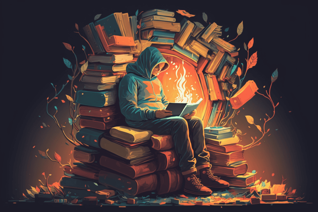 person sitting on a stack of books by a fireplace