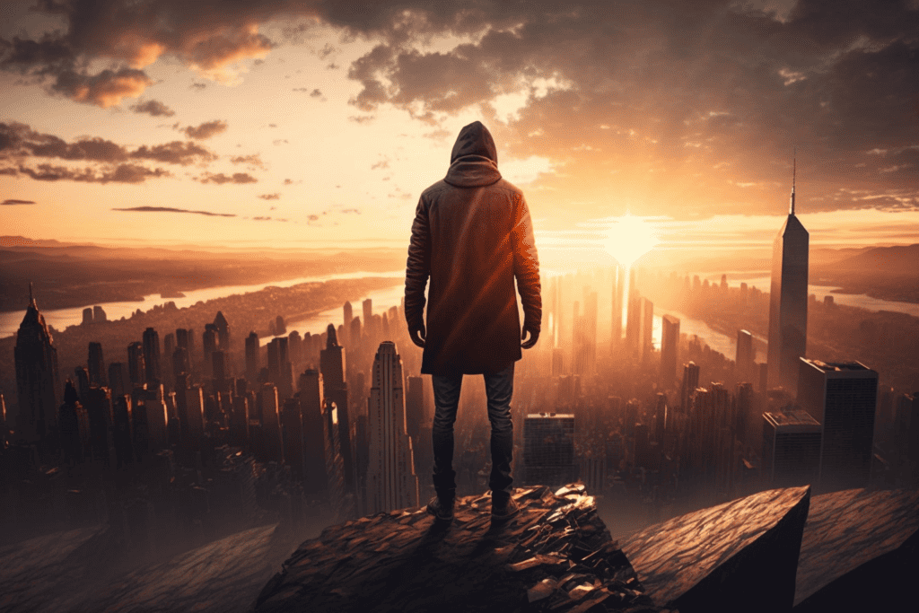 person standing on cliff overlooking cityscape