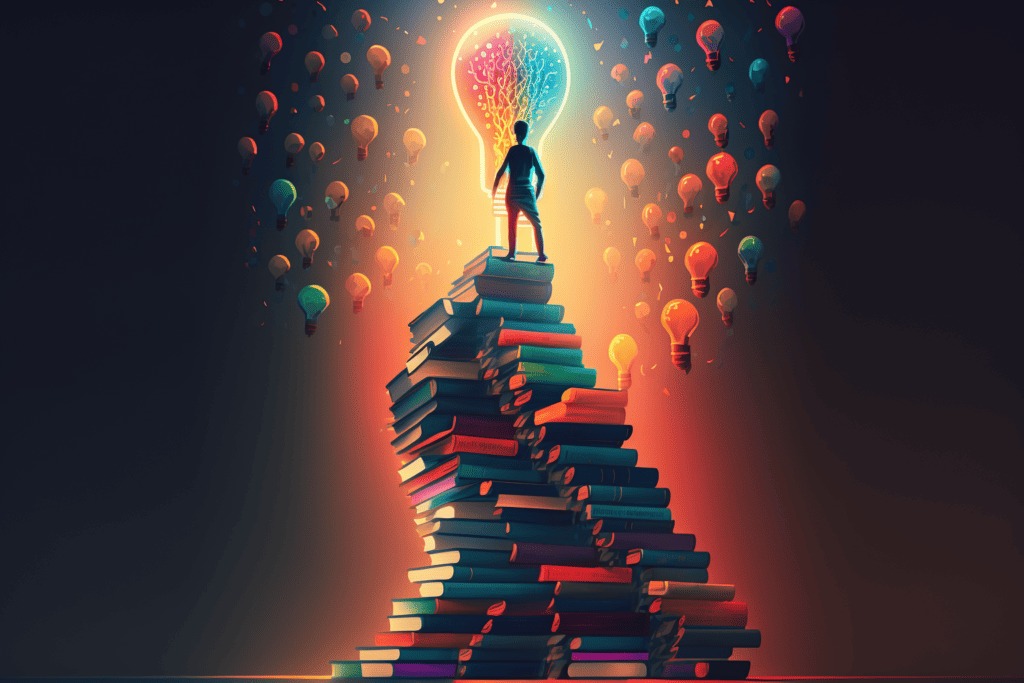 person standing on stack of books to reach glowing light bulb