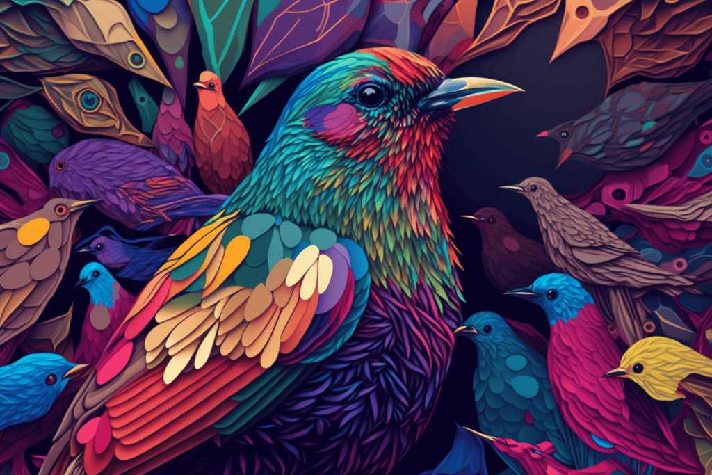 unique and multi colored bird surrounded by more generic colored birds