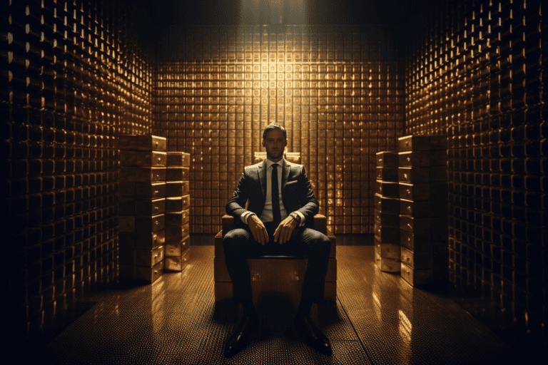 businessman confidently sitting on a throne made of gold bars in a bank vault