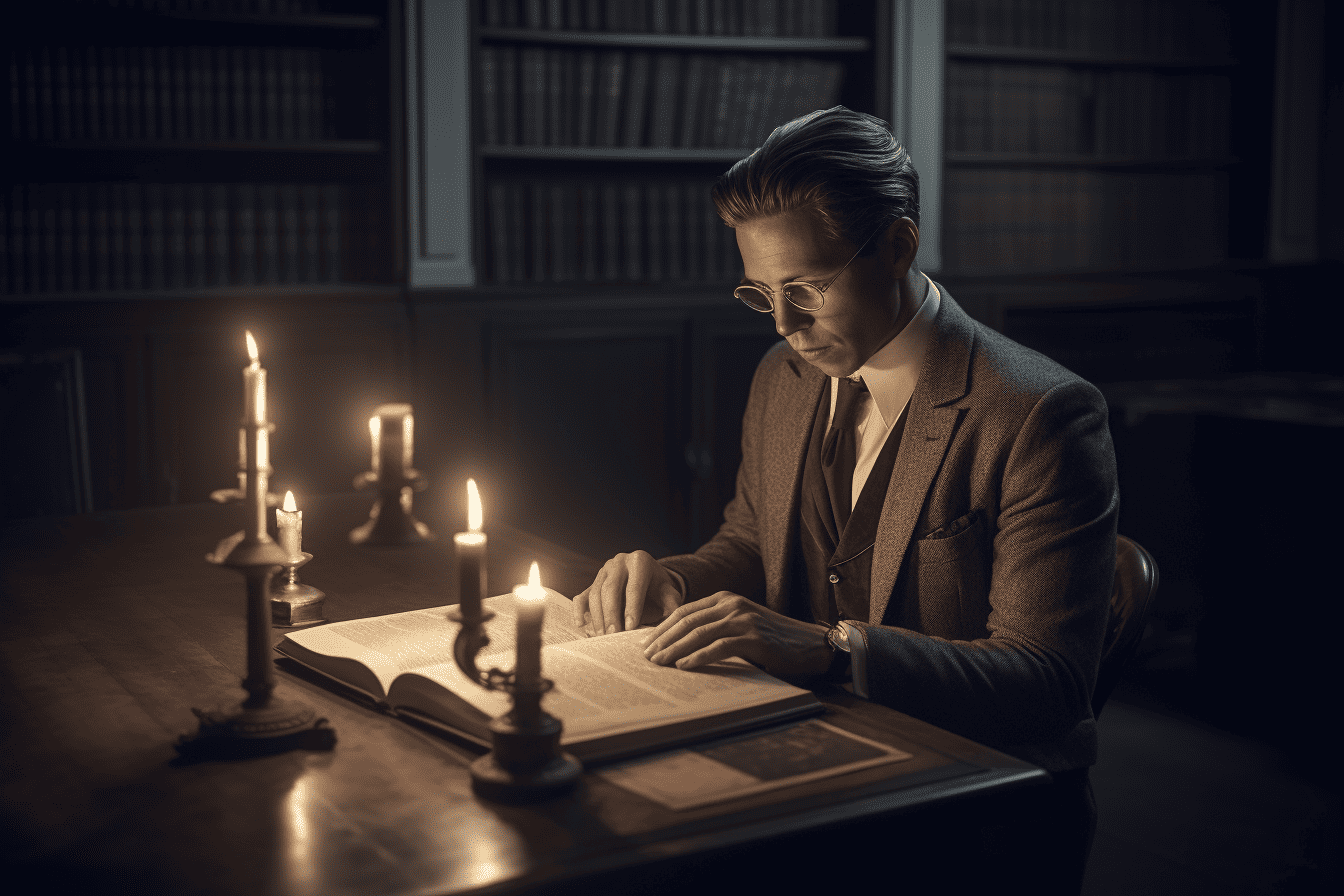 confident businessman reading a book amidst a sophisticated private library