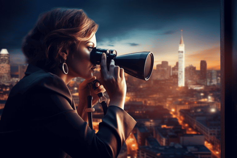 visionary-businesswoman-peering-through-a-spyglass