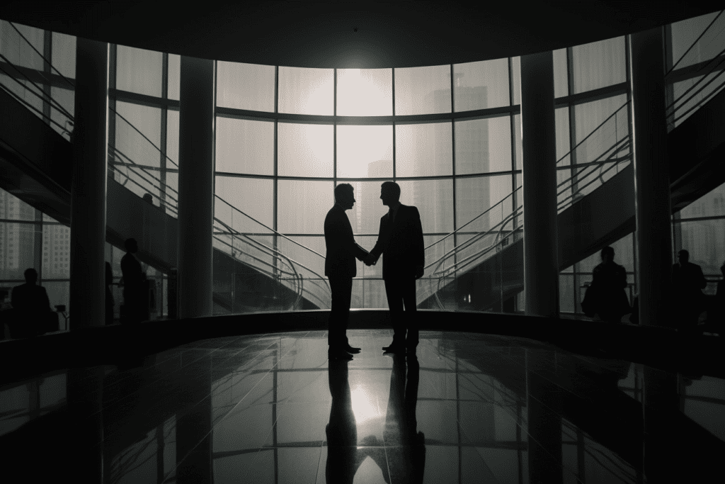 businessmen shaking hands amidst a modern office building