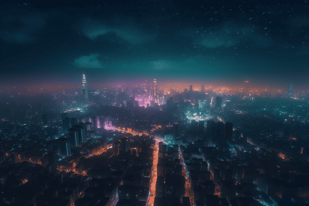 futuristic cityscape amidst a glowing skyline