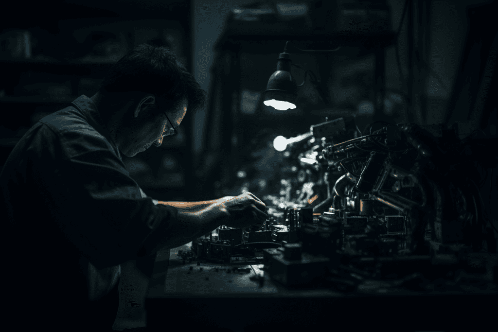 person working on a robot in a dimly lit garage