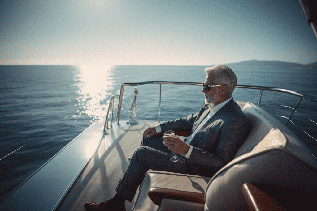 wealthy businessman lounging on a private yacht amidst a crystal-clear ocean