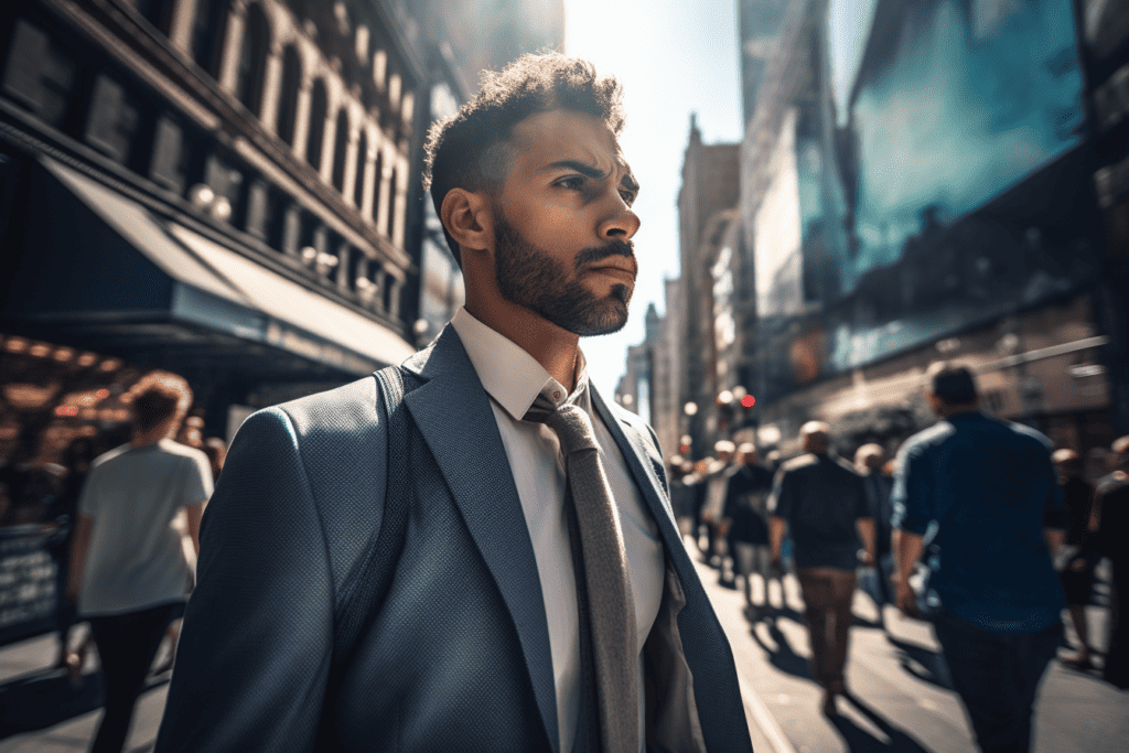 businessman walking down a bustling city street