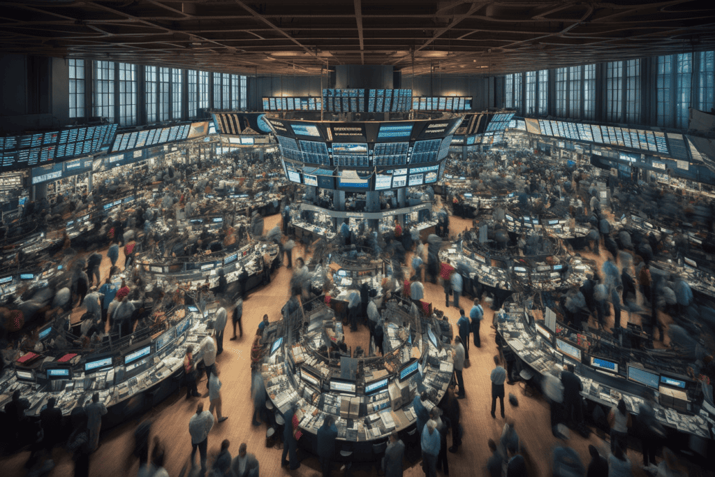 the stock market floor bustling with activity