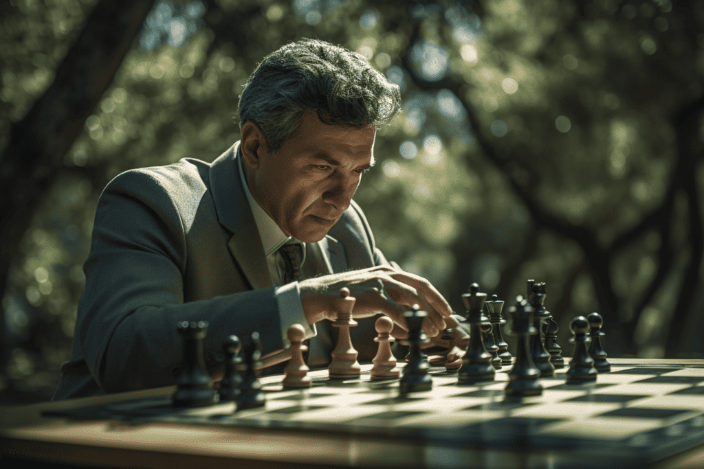 businessman playing chess in a quiet park