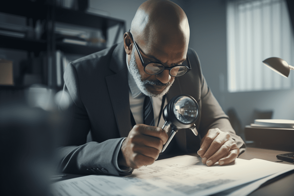 businessman-holding-a-magnifying-glass-to-his-face-while-inspecting-files