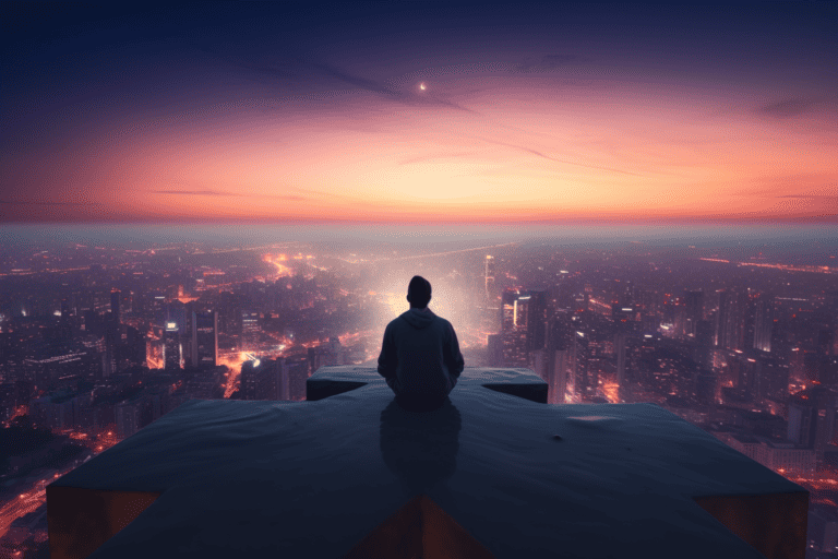 man-sitting-on-skyscraper-overlooking-city-scape