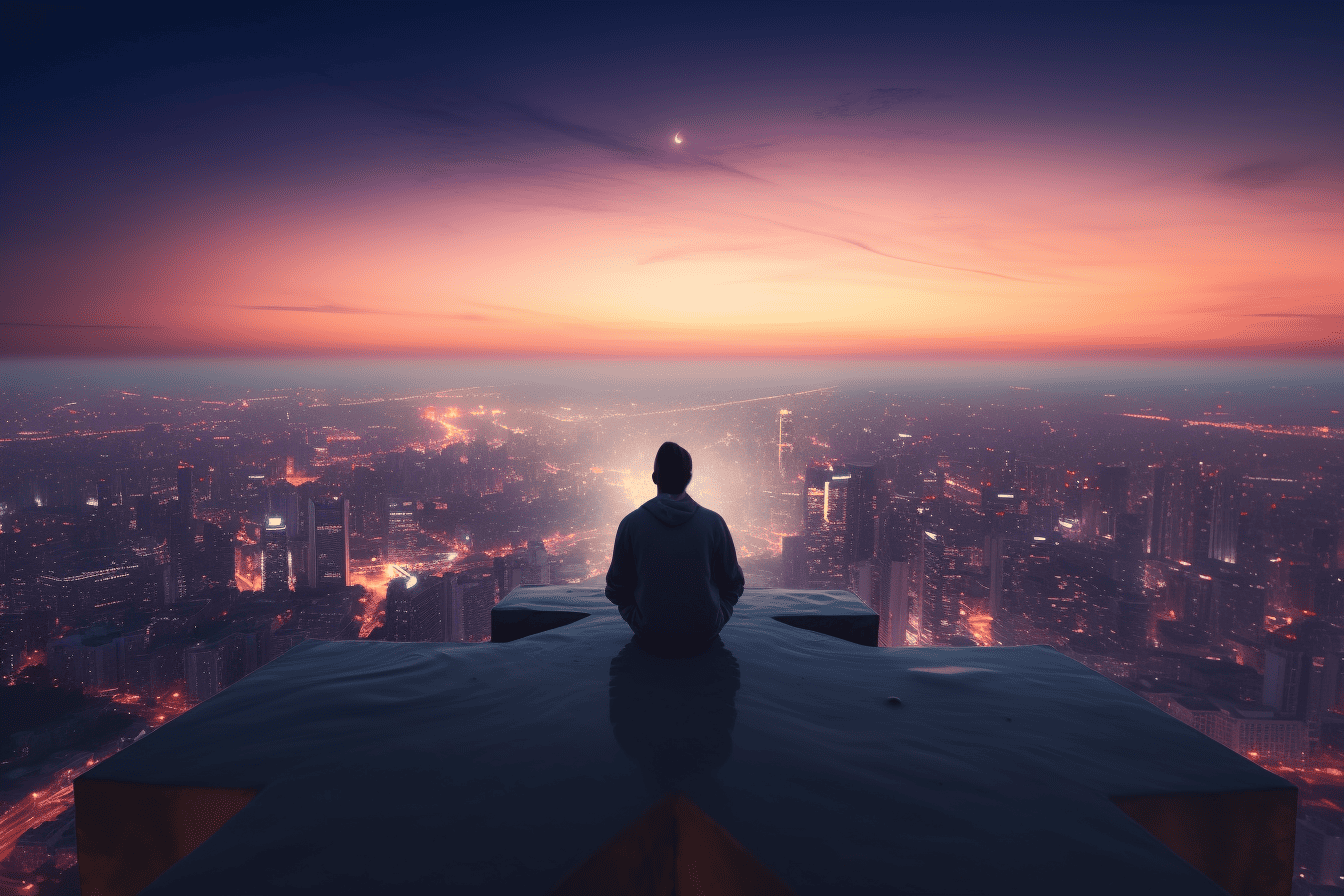 man-sitting-on-skyscraper-overlooking-city-scape