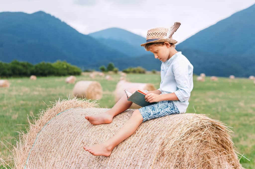 boy-sitting-on-a-haystack-roll-reading-a-book