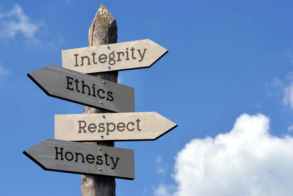 integrity-ethics-respect-honesty-wooden-signpost-with-four-arrows-sky-with-clouds