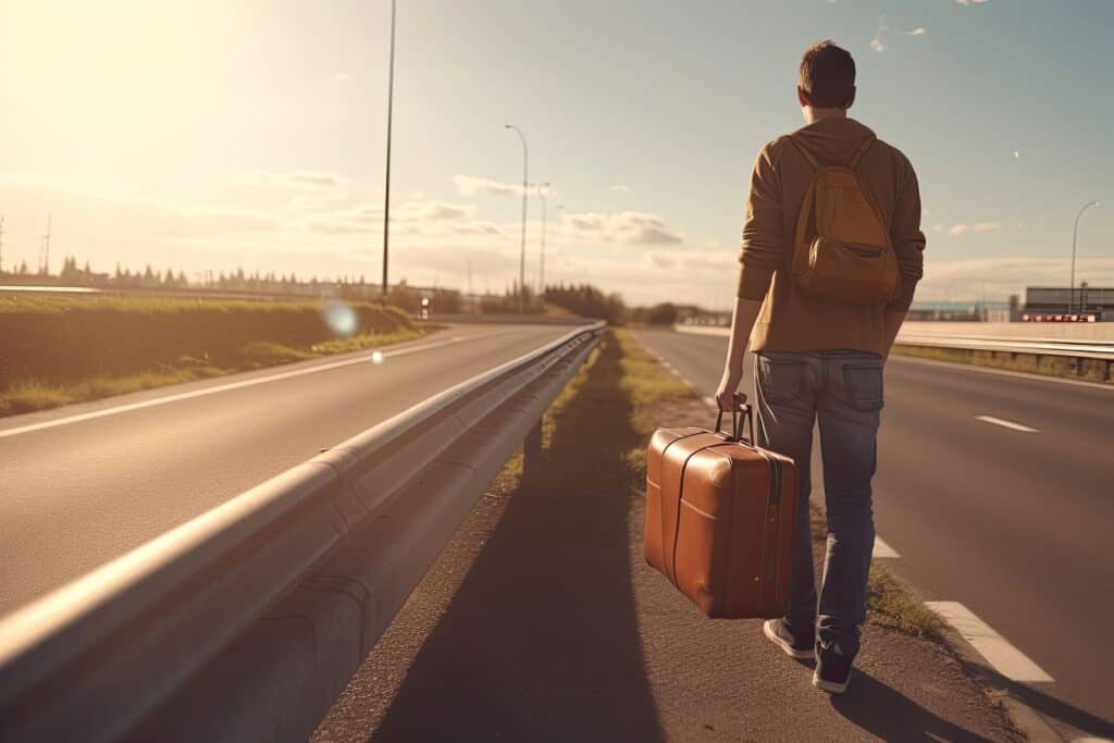 man-in-casual-wear-hitchhiking-on-roadside-man-with-suitcase-traveling