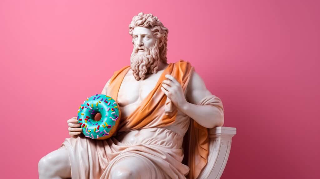 art sculpture of ancient italian from marble with a donut isolated on a pastel background with a copy space