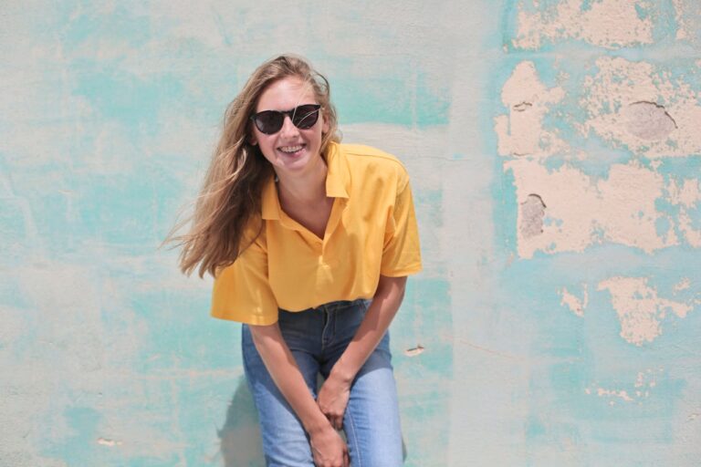 happy woman in yellow